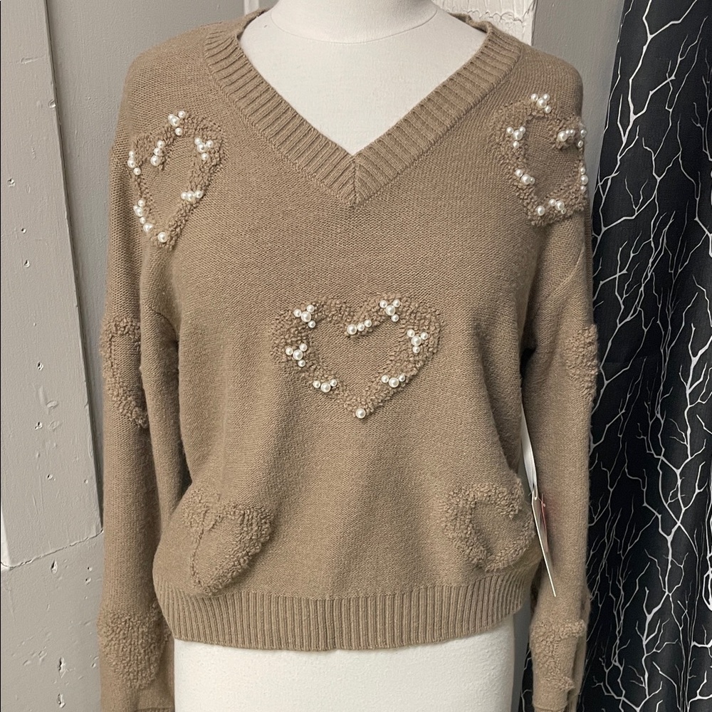 Women's Tan Sweater with Heart Accents